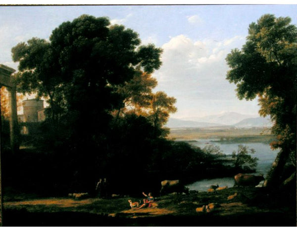Classical river scene with a view of a town 