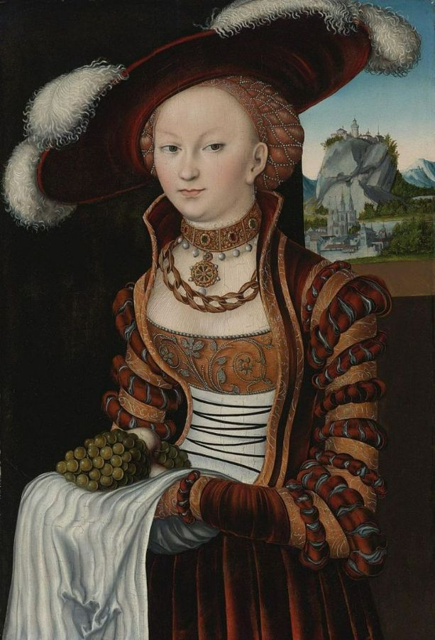 Portrait of a Young Woman Holding Grapes and Apples 