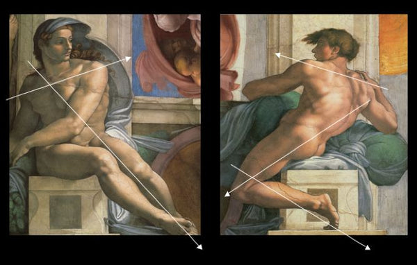 Ceiling of the Sistine Chapel: Ignudi, next to Separation of Land and the Persian Sybil [left] 