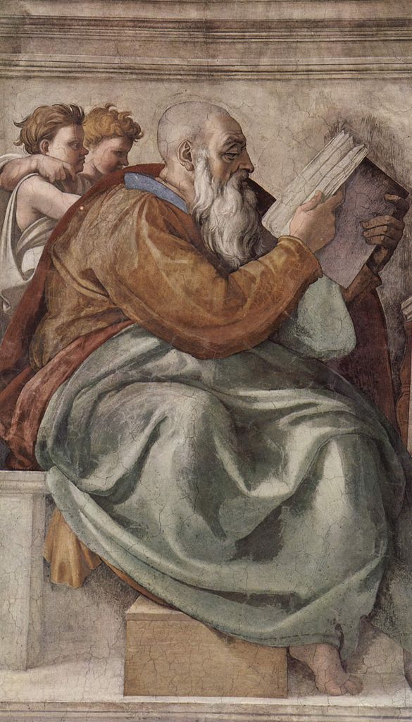 Ceiling fresco for the story of creation in the Sistine Chapel, scene in Bezel The Prophet Zacharias, detail 