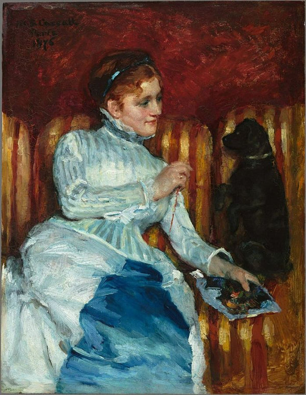 Woman On A Striped With A Dog Aka Young Woman On A Striped Sofa With Her Dog 