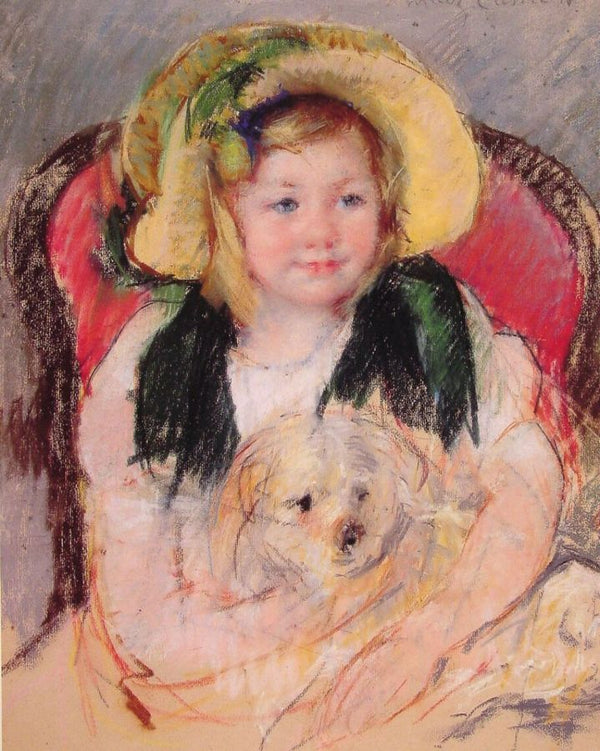 Sara With Her Dog In An Armchair Wearing A Bonnet With A Plum Ornament 