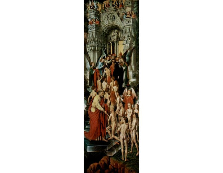 The Last Judgement, Triptych, left wing, inside the blessed at the gate of heaven (Paradise) with St. Peter 
