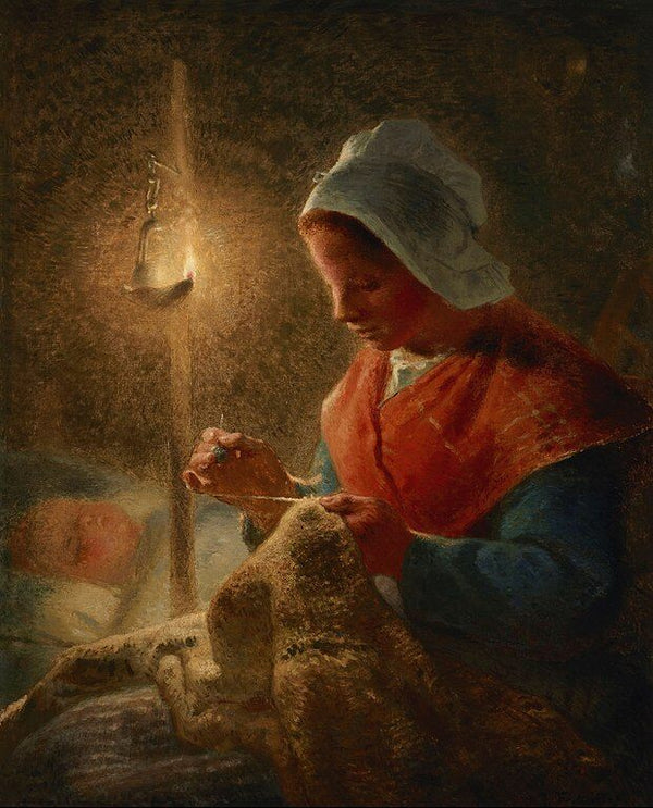 Woman Sewing By Lamplight 1870-1872 Painting by Jean-Francois Millet