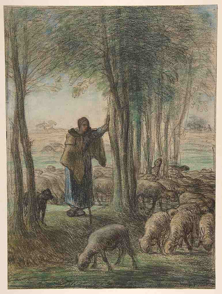 A Shepherdess and Her Flock in the Shade of Trees Painting by Jean-Francois Millet