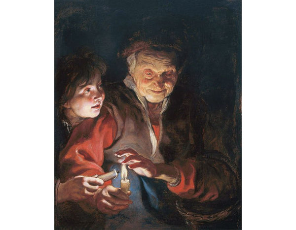 A Night Scene With An Old Lady Holding A Basket And A Candle, A Young Boy At Her Side About To Light His Candle From Hers 