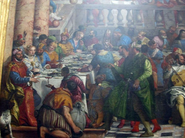 The Marriage Feast at Cana, detail of banqueting table with man in a green robe and dwarf with a parrot, c.1562 