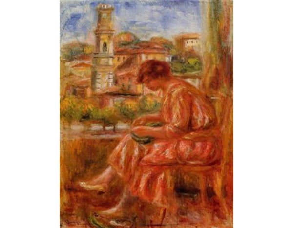 Woman At The Window With A View Of Nice by Pierre Auguste Renoir