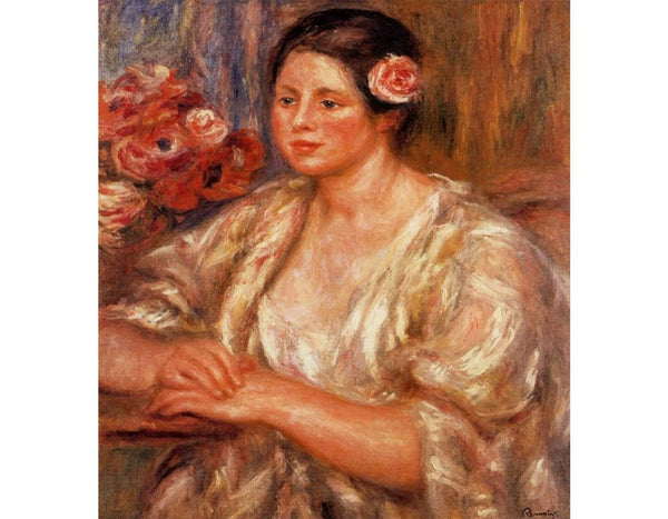 Madelaine In A White Blouse And A Bouquet Of Flowers by Pierre Auguste Renoir
