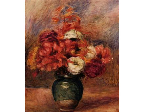 Flowers In A Green Vase Dahlilas And Asters by Pierre Auguste Renoir