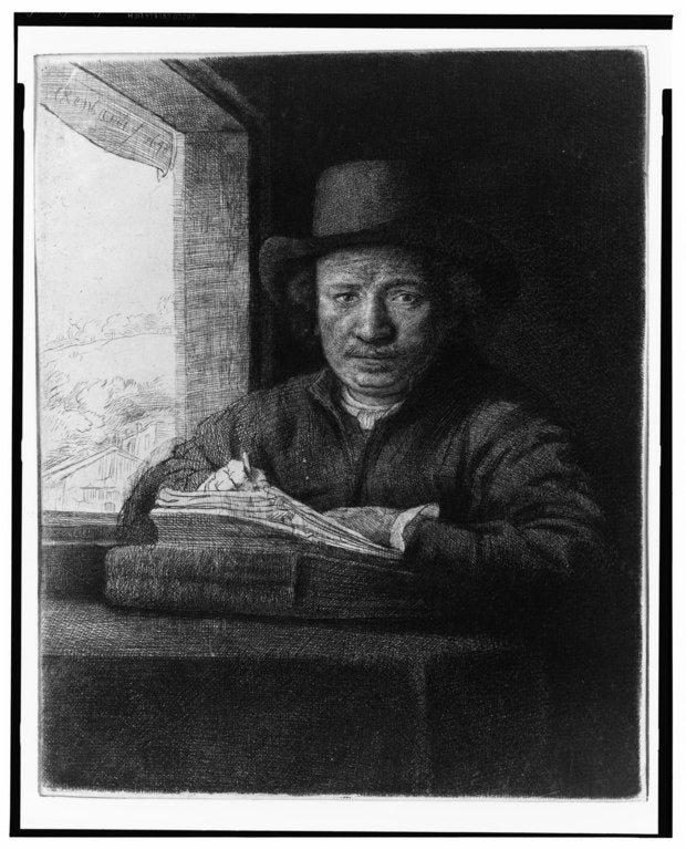 Rembrandt drawing at a window 