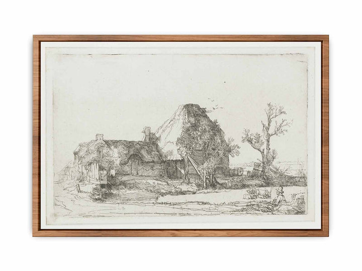 Cottages and Farm Buildings with a Man sketching
 Painting