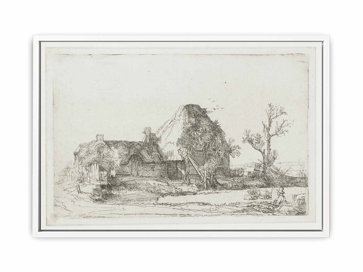 Cottages and Farm Buildings with a Man sketching
 Painting