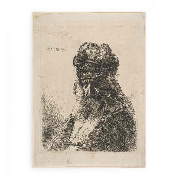An old bearded Man in a high Fur Cap, with Eyes closed Painting