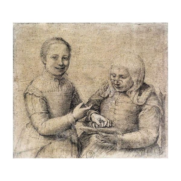 Old Woman Studying the Alphabet with a Laughing Girl 