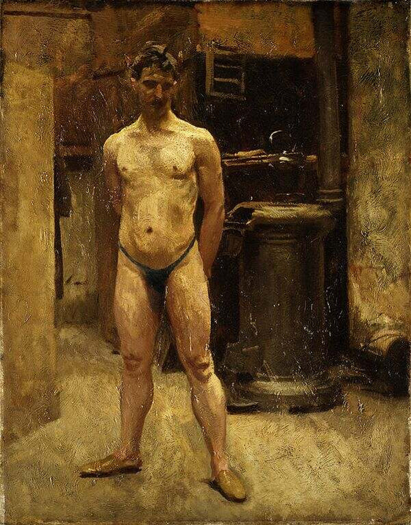 A Male Model Standing before a Stove Painting by John Singer Sargent