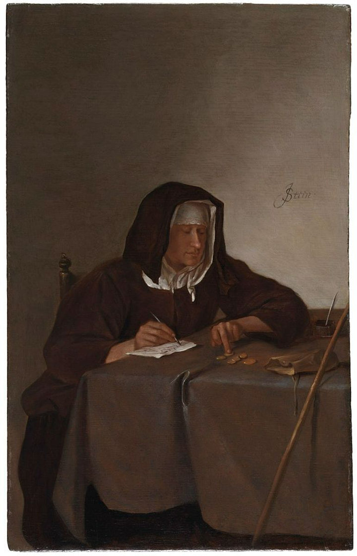 A woman counting coins at a table Painting by Jan Steen