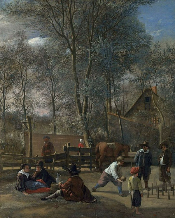 Skittle Players Outside an Inn, dated 1652 Painting by Jan Steen