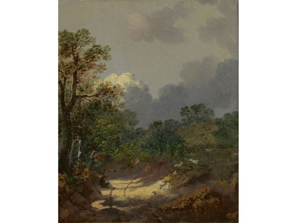 Wooded Landscape With Shepherd Resting By A Sunlit Track And Scattered Sheep 