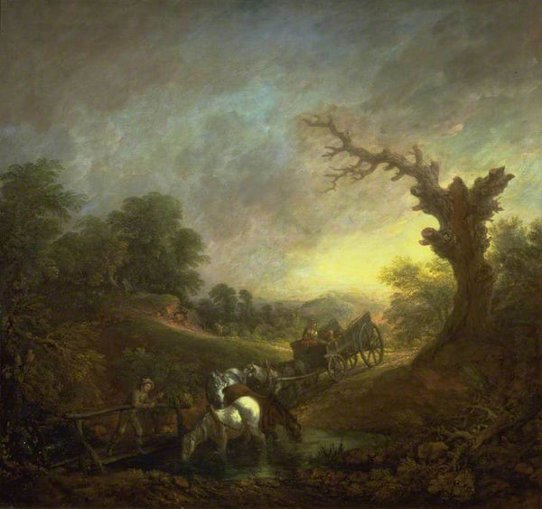 Sunset, Carthorses Drinking at a Stream 
