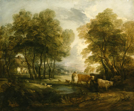 A wooded landscape with a herdsman, cows and sheep near a pool 
