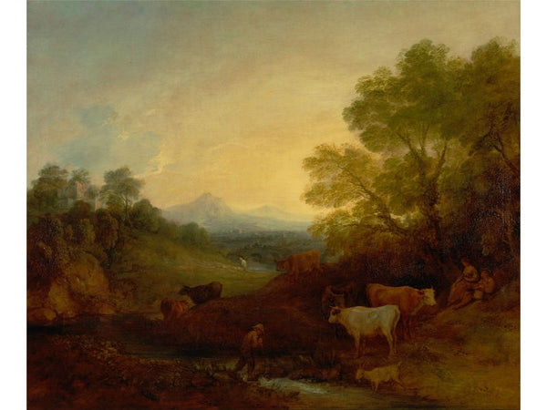 A Landscape with Cattle and Figures by a Stream and a Distant Bridge 