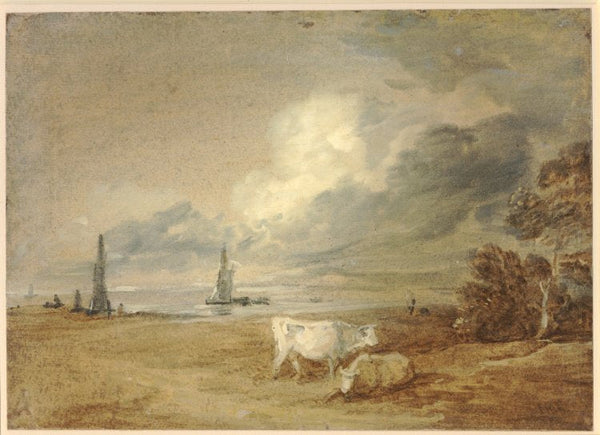 Coastal scene with shipping, figures and cows 