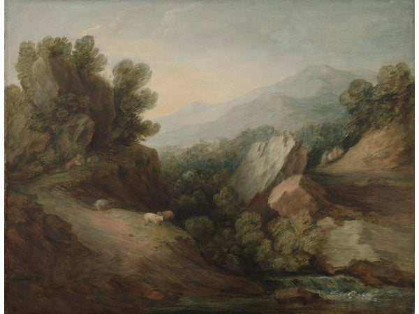 Rocky wooded landscape with sheep by a waterfall 