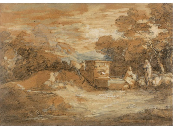 Mountain Landscape with Figures Sheep and Fountain 
