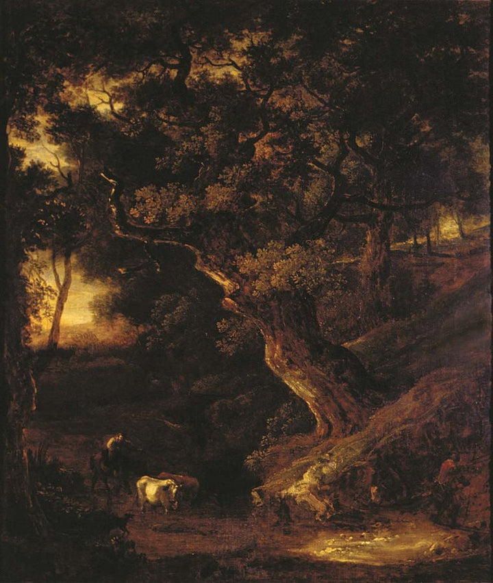 Landscape with cows and human figure 