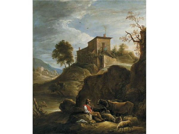 A Pastoral Landscape With A Herdsman Playing A Pipe Near A Waterfall 