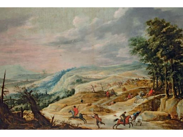 An extensive landscape with a cavalry skirmish on a ridge 