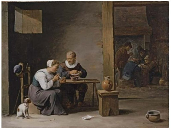 A man and woman smoking a pipe seated in an interior with peasants playing cards on a table 