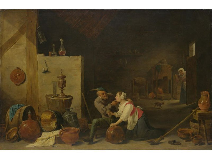 An Old Peasant Caresses a Kitchen Maid in a Stable 