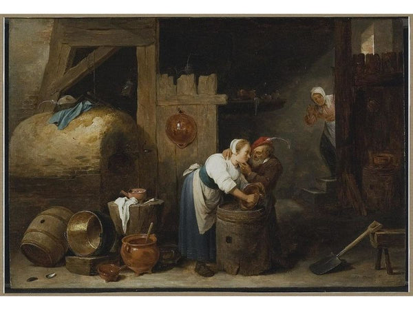Interior scene with a young woman scrubbing pots while an old man makes advances, c.1644-45 