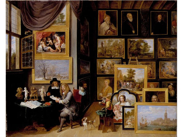 A Picture Gallery With Two Men Examining A Seal And A Red Chalk Drawing And A Monkey Present 