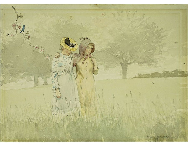 Girls Strolling in an Orchard