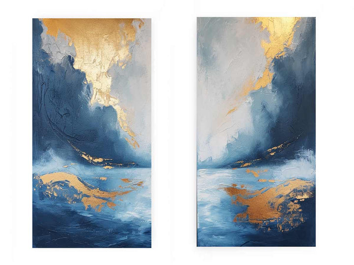 Gold Blue Abstract Waves Art Set