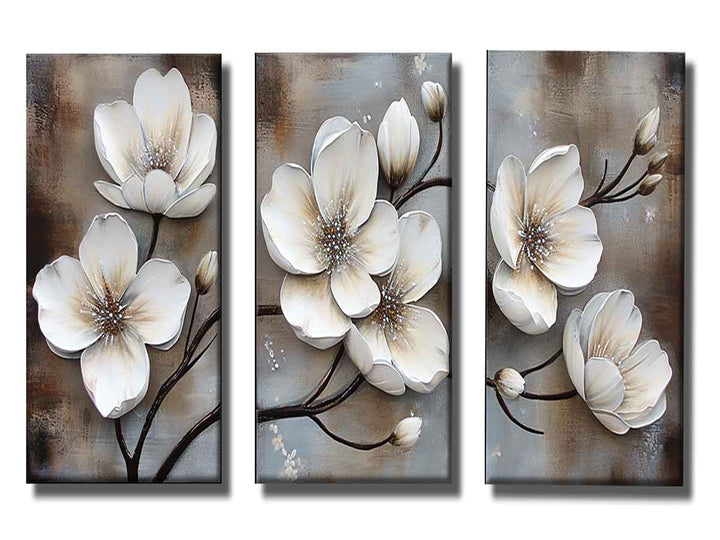 3 Panel White  Flower Painting