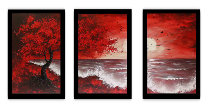 Red Beach Art Painting Set of 3
