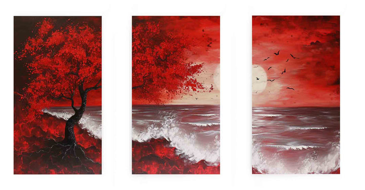 Red Beach Art Painting Set of 3
