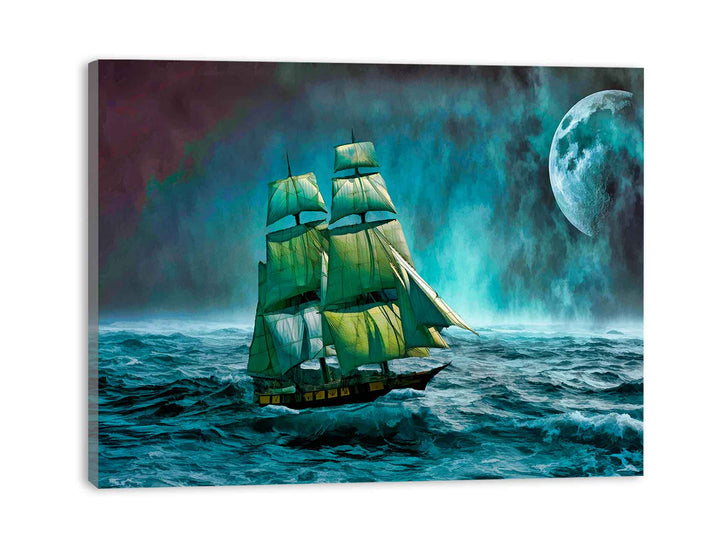 Sailing Ship Storm  & Moon Painting 