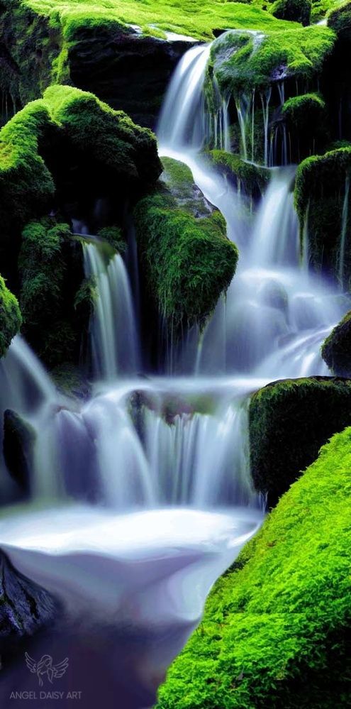 Green Stone Waterfall Vertical Painting 