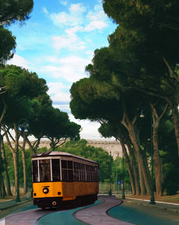 Tram Under  Tree Vintage  Painting