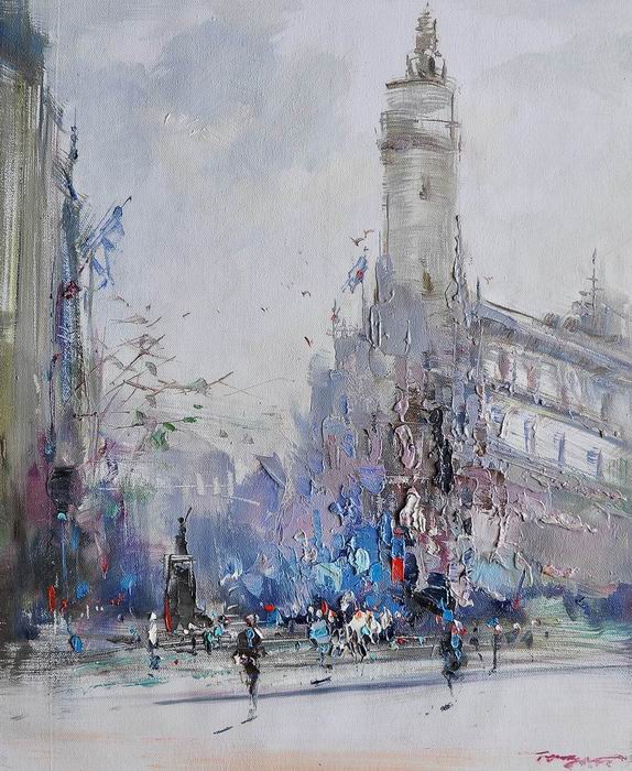 Tower Streetscape Knife Art Painting 