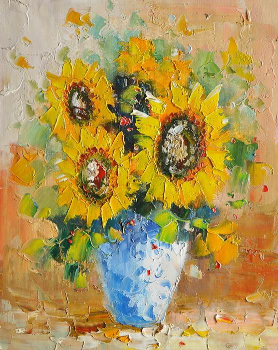 Sunflower Blue Vase Knife Art Painting 