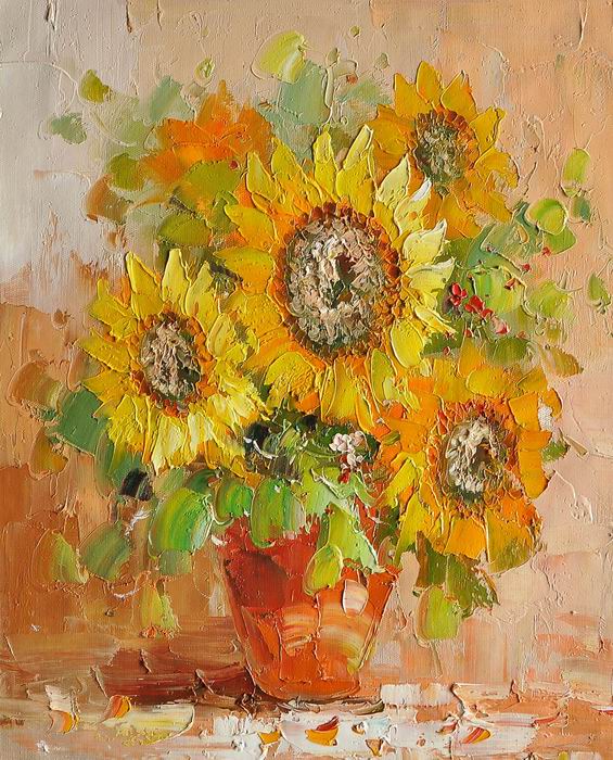 Sunflower Knife Art Brown Vase Painting 