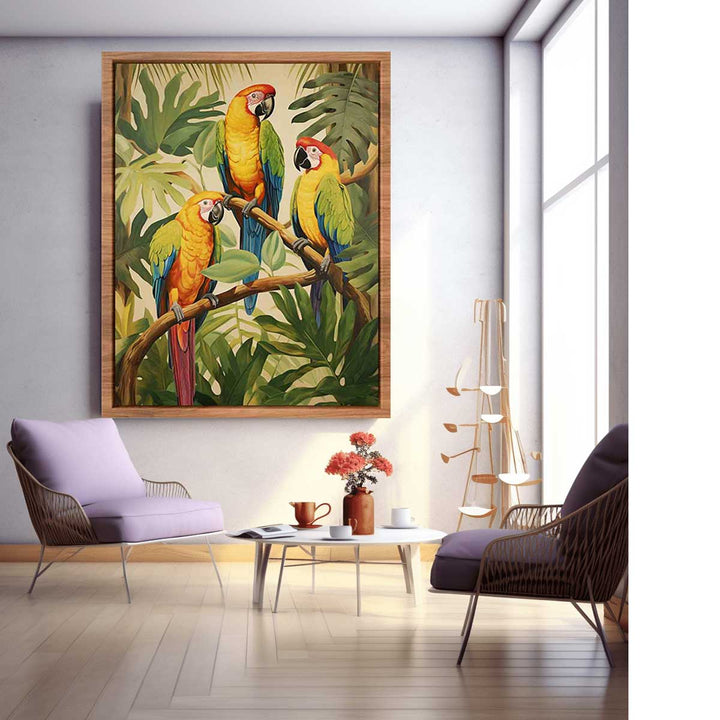 Modern Three Parrot Wood Art Painting